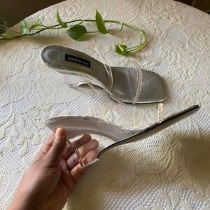 Sacha Too Y2K Silver Clear Wedge Sandals Rhinestone Square Toe Slides 8M
